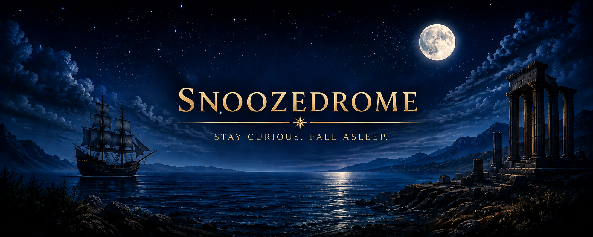 Snoozedrome logo over a moonlit harbor, sailing ship, and ruined temple, with the tagline Stay curious. Fall asleep.